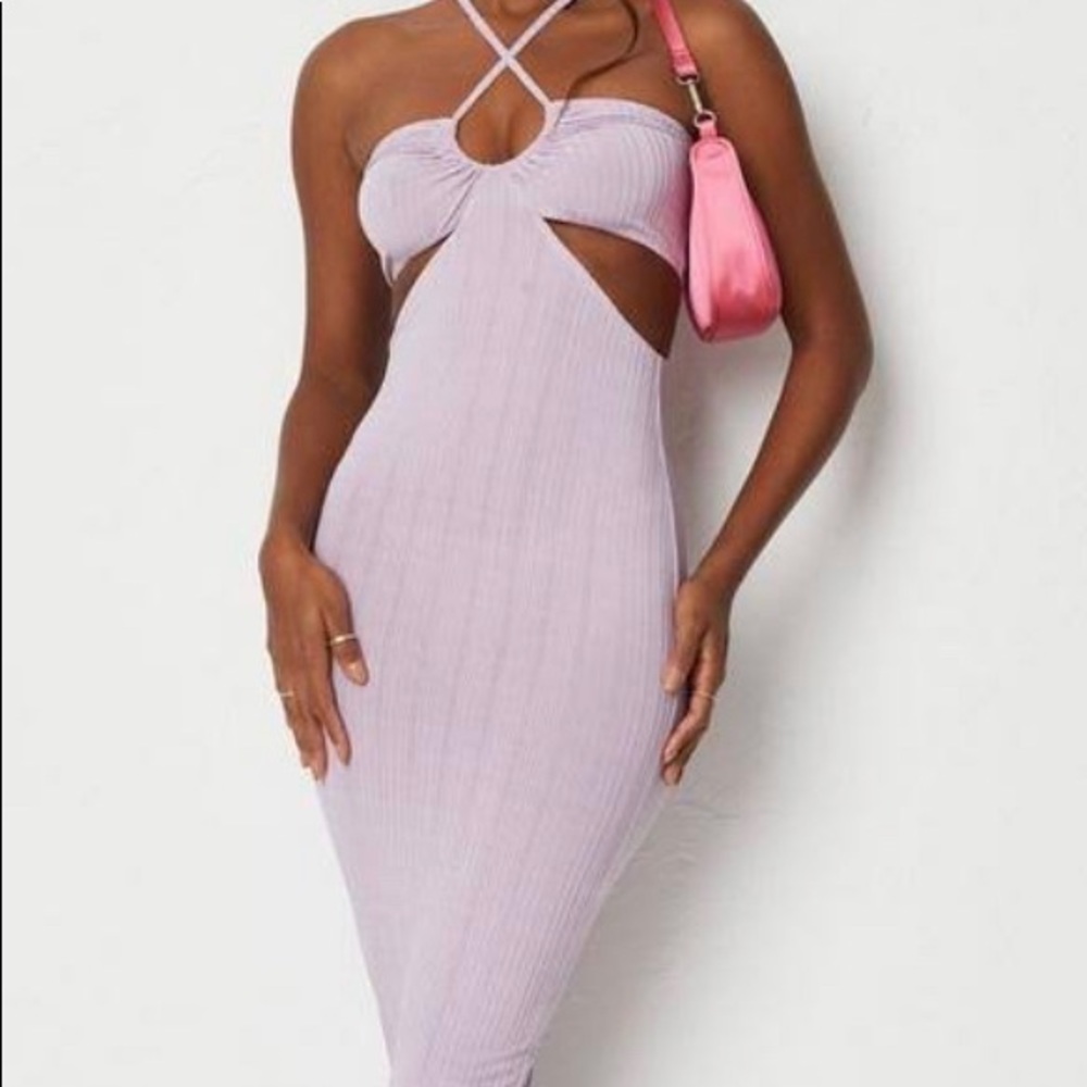 Lilac Rib Cut Out Halterneck Midaxi Dress